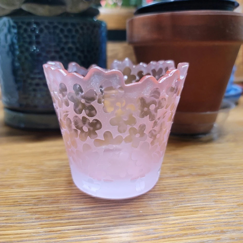 Pink Pressed and Frosted Scalloped Edge Glass Candle Holder